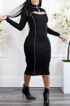 Black Sexy Solid Hollowed Out Split Joint O Neck One Step Skirt Dresses