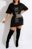 Black Fashion Casual Hot Drilling Basic O Neck Long Sleeve Dresses (Without Belt Bag)