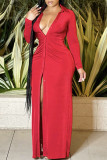 Red Fashion Casual Solid Fold Turndown Collar Long Sleeve Plus Size Dresses