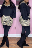 Black Fashion Casual Print Leopard Draw String Hooded Collar Long Sleeve Two Pieces