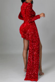 Red Sexy Patchwork Hollowed Out Sequins Half A Turtleneck Irregular Dress