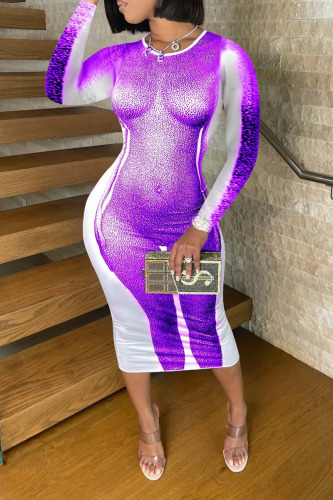 Purple Sexy Print Patchwork O Neck One Step Skirt Dresses