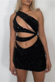Black Sexy Patchwork Hollowed Out Sequins Backless Oblique Collar Sleeveless Dress