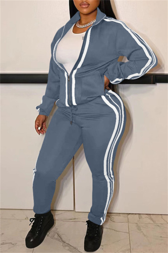 Grey Fashion Casual Striped Patchwork Turndown Collar Long Sleeve Two Pieces