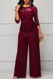 Red Fashion Casual Patchwork Solid See-through O Neck Regular Jumpsuits