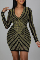 Gold Fashion Sexy Patchwork Hot Drill V Neck Long Sleeve Dresses