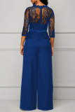 Blue Fashion Casual Patchwork Solid See-through O Neck Regular Jumpsuits