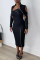 Black Sexy Solid Hollowed Out Zipper Collar Pencil Skirt Dresses