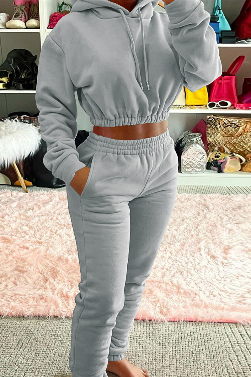 

Light Gray Fashion Casual Solid Basic Hooded Collar Long Sleeve Two Pieces