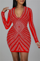 Red Fashion Sexy Patchwork Hot Drill V Neck Long Sleeve Dresses