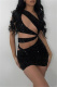 Black Sexy Patchwork Hollowed Out Sequins Backless Oblique Collar Sleeveless Dress