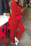 Red Fashion Casual Solid Slit O Neck Long Sleeve Two Pieces