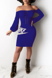 Blue Fashion Casual Embroidery Bandage Backless Off the Shoulder Long Sleeve Dresses