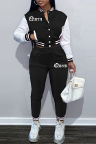 Black Fashion Casual Patchwork Letter Long Sleeve Two Pieces