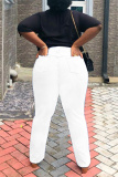 White Fashion Casual Patchwork Leopard Ripped High Waist Regular Denim Jeans