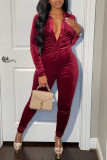 Burgundy Fashion Casual Solid Fold V Neck Long Sleeve Skinny Jumpsuits