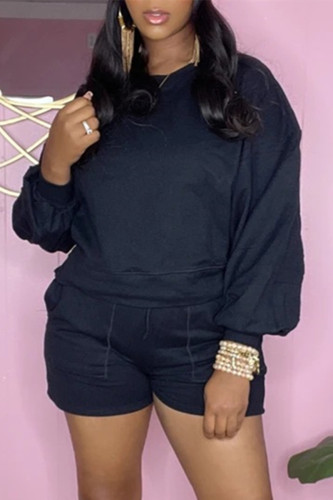Black Fashion Casual Solid Basic O Neck Long Sleeve Two Pieces