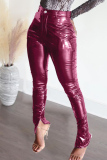 Pink Fashion Casual Solid Slit Skinny Mid Waist Pencil Trousers