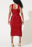 Red Fashion Sexy Patchwork Sequins Backless Slit Square Collar Sling Dress