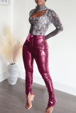 Burgundy Fashion Casual Solid Slit Skinny Mid Waist Pencil Trousers