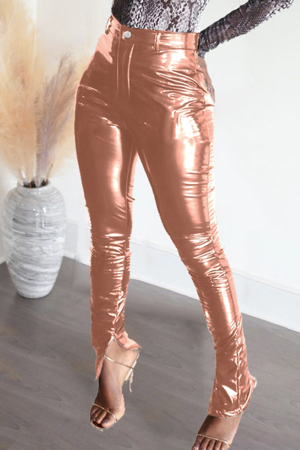 Pink Fashion Casual Solid Slit Skinny Mid Waist Pencil Trousers