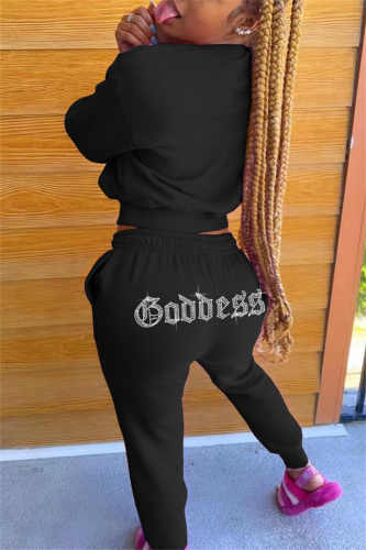 Black Fashion Casual Solid Hot Drill O Neck Long Sleeve Two Pieces
