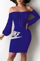 Blue Fashion Casual Embroidery Bandage Backless Off the Shoulder Long Sleeve Dresses