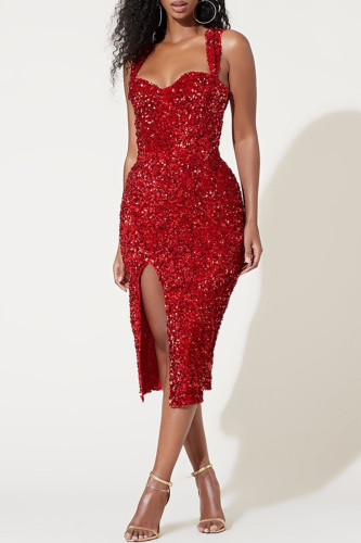 Red Fashion Sexy Patchwork Sequins Backless Slit Square Collar Sling Dress