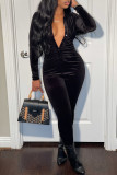 Black Fashion Casual Solid Fold V Neck Long Sleeve Skinny Jumpsuits