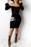 Black Fashion Casual Embroidery Bandage Backless Off the Shoulder Long Sleeve Dresses