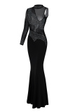 Black Fashion Sexy Patchwork Hot Drilling See-through Turtleneck Evening Dress