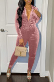 Pink Fashion Casual Solid Fold V Neck Long Sleeve Skinny Jumpsuits