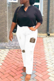 White Fashion Casual Patchwork Leopard Ripped High Waist Regular Denim Jeans