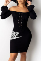 Black Fashion Casual Embroidery Bandage Backless Off the Shoulder Long Sleeve Dresses
