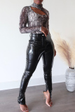Black Fashion Casual Solid Slit Skinny Mid Waist Pencil Trousers