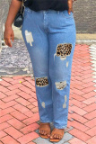 Blue Fashion Casual Patchwork Leopard Ripped High Waist Regular Denim Jeans