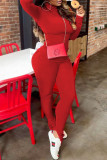 Red Fashion Casual Solid Slit O Neck Long Sleeve Two Pieces