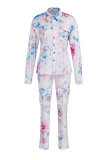 Multicolor Fashion Casual Print Buttons Turndown Collar Long Sleeve Two Pieces