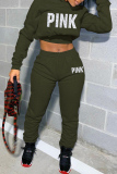 Army Green Casual Sportswear Letter Print Basic Hooded Collar Long Sleeve Two Pieces