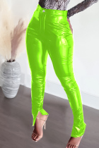Fluorescent Green Fashion Casual Solid Slit Skinny Mid Waist Pencil Trousers
