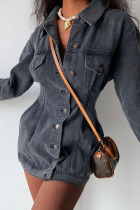 Black Casual Solid Split Joint Pocket Buckle Fold Turndown Collar Long Sleeve Regular Denim Dresses