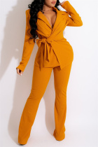 Yellow Fashion Casual Solid Bandage Turndown Collar Long Sleeve Two Pieces