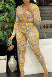 Yellow Fashion Print Cardigan Vests Pants Long Sleeve Three-piece Set