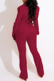 Burgundy Fashion Casual Solid Bandage Turndown Collar Long Sleeve Two Pieces