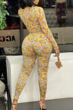 Yellow Fashion Print Cardigan Vests Pants Long Sleeve Three-piece Set