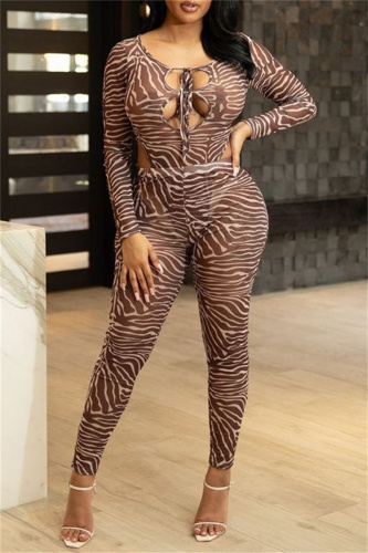 Coffee Fashion Sexy Print Bandage Hollowed Out O Neck Long Sleeve Two Pieces
