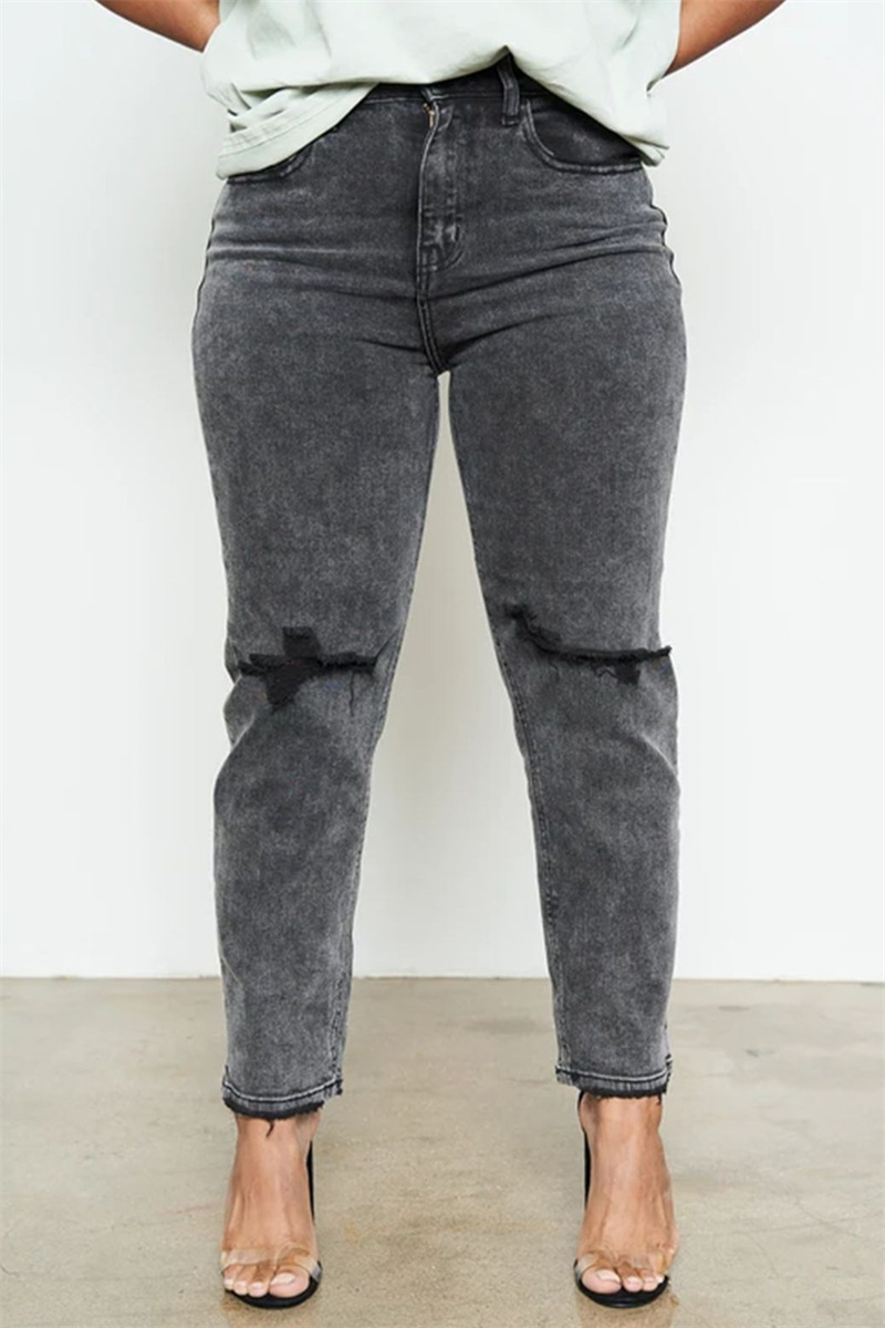 

Black Fashion Casual Solid Ripped Mid Waist Regular Denim Jeans