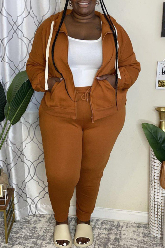 Brown Sportswear Solid Patchwork Hooded Collar Plus Size Two Pieces