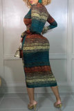 Multicolor Fashion Sexy Print Split Joint Zipper Collar Long Sleeve Dresses