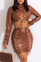 Brown Fashion Sexy Solid Bandage Hollowed Out Turtleneck Long Sleeve Two Pieces